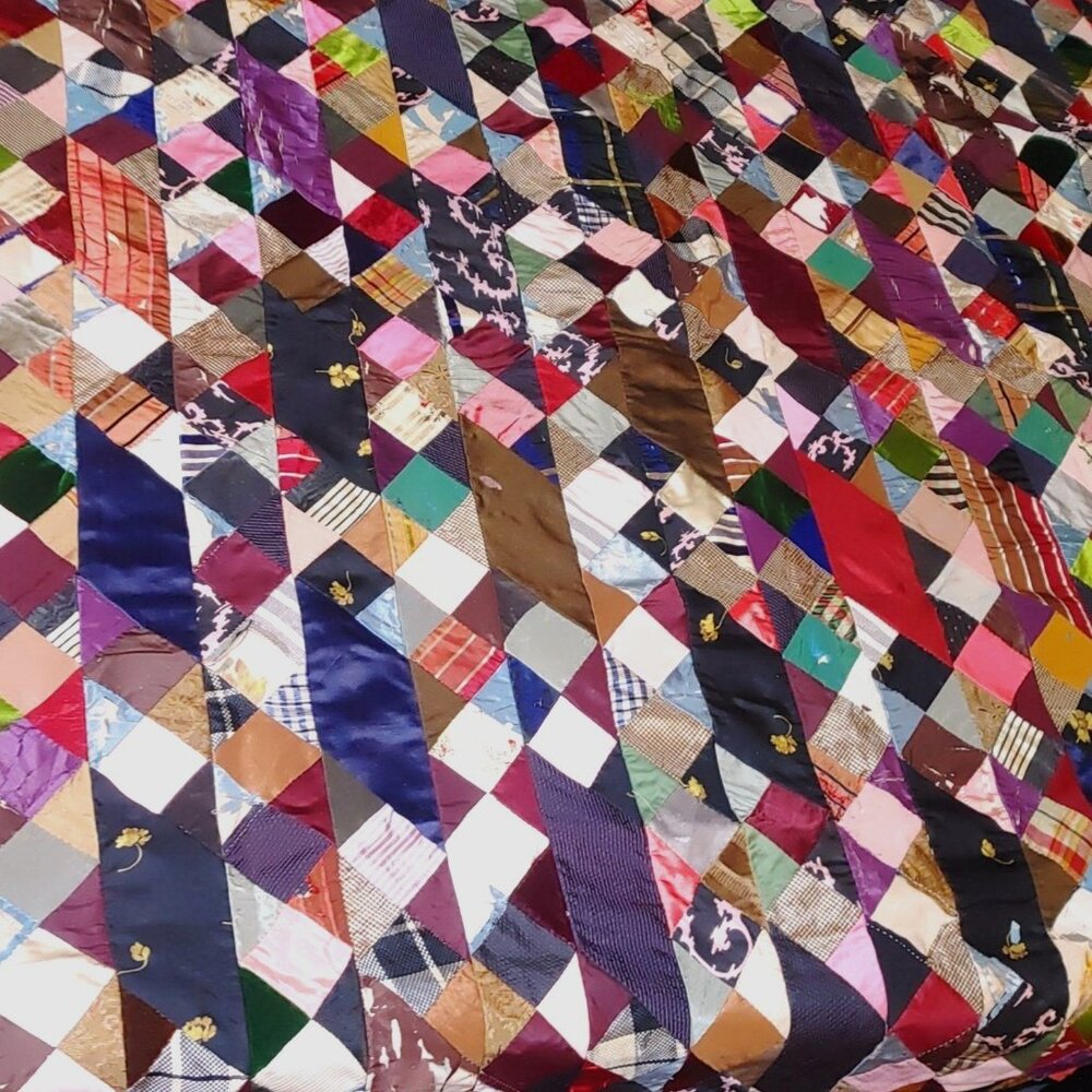 Antique Victorian 1800s Crazy Quilt Handmade Top Silk Patchwork Diamond Mosaic - Picture 2 of 16